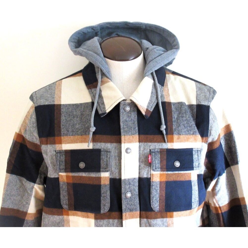 Levi's Men's Cotton Putty Brown Plaid Sherpa Lined Hooded Shirt Jacket NWT
